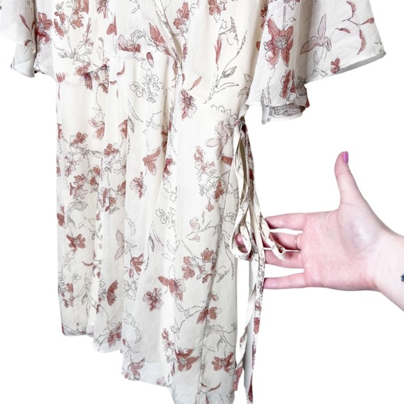 Lulus Women's Floral V-Neck Back Cut Out Neutral Flowy Sheer Ruffle Mini Dress - Picture 7 of 16